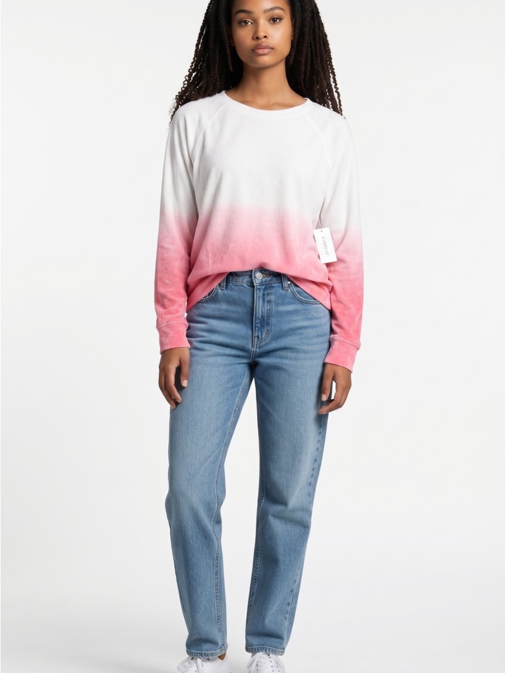 White to Pink Ombre Long Sleeve Terry Pullover